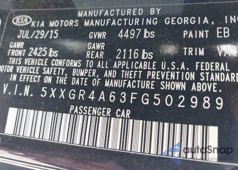 2015 Kia Optima Sx Turbo z USA, uszkodzony, nr VIN 5XXGR4A63FG502989